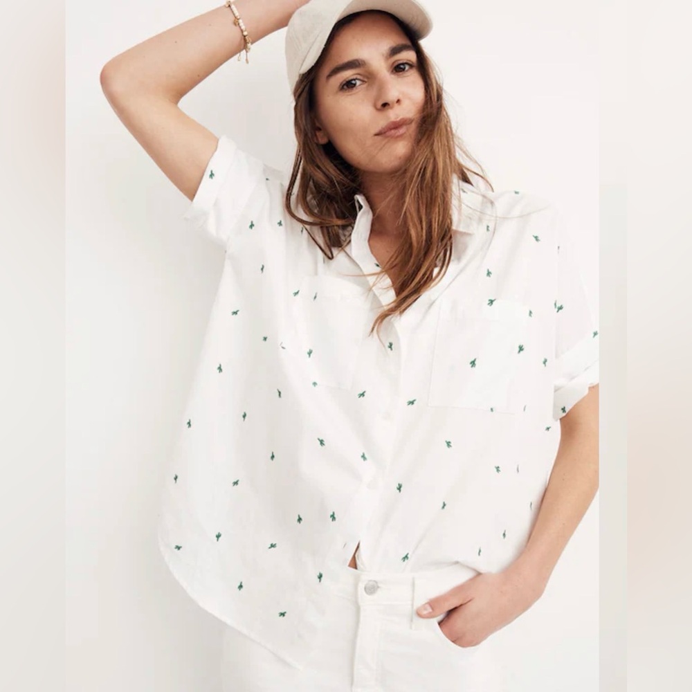 Madewell Courier SS Shirt Button-Up Crisp White/Cactus Embroidered Green XXS